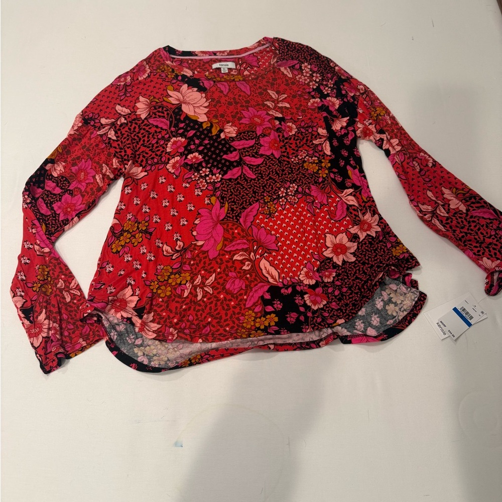 Kensie Graphic Red and Pink Long Sleeve Blouse
